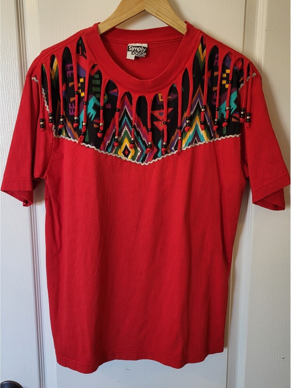 Vintage Simply Basic Women's Red Beaded 90's Aztec Short-Sleeve T-Shirt